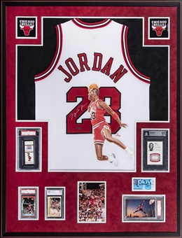 Michael Jordan Signed and Framed Hand Painted Chicago Bulls Home Jersey Collage Including 1986 Fleer (3) Rookie Cards, Final Game Ticket and Others 33.5x41.5" (UDA, PSA, BGS, & BCCG)